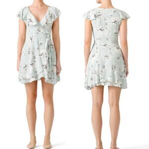 Free People French Quarter Mini Wrap Dress S Blue Floral Ruffles Tie Waist